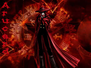 動漫角色身穿紅色斗篷，被發光的 occult 符號和紅色能量包圍。 — 鬼滅之刃 4K 壁紙