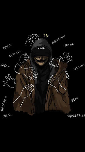 一個穿著 hoodie 的蒙面人物，被漂浮的手和 real、perception 等詞語包圍。 — 省電 壁紙