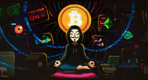 一個戴著面具的人被加密貨幣符號和發光螢幕包圍著冥想。 — 匿名 GIF 壁紙