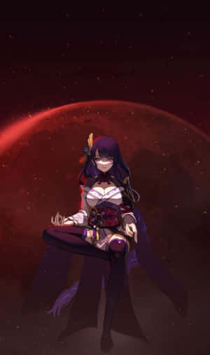 身穿紫色服裝的動漫女孩在太空中於紅色行星前冥想。 — Galaxy Tab A11 壁紙