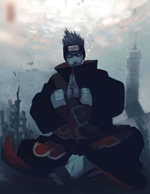 身穿帶紅色雲紋黑色斗篷的動漫忍者坐在霧氣瀰漫的景色中。 — 火影忍者角色 GIF 壁紙