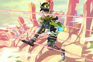 動漫角色在岩石峽谷中發射雷射武器 — Apex Legends 生命線 壁紙