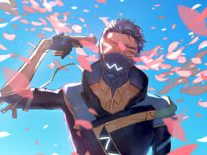 動漫角色身穿黑色和金色西裝，在飄落的櫻花中瞄準手槍。 — Apex Legends 生命線 壁紙