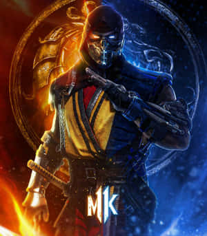Mortal Kombat 戰士，身穿火焰與冰霜盔甲，眼睛發光，手持劍。 — 真人快打11 壁紙