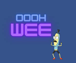 戴高帽的卡通香蕉在藍色背景上於發光霓虹文字OOOH WEE旁邊跳舞。
