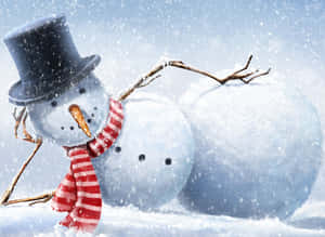 戴高帽和紅色圍巾的雪人在下雪天氣 — 冬季美學 壁紙