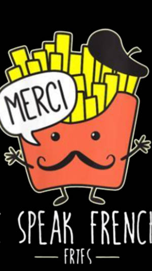 戴著鬍鬚和貝雷帽的卡通薯條盒說 merci。