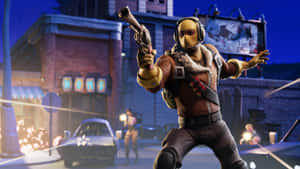 Fortnite 角色在霓虹燈照亮的城市街道上瞄準手槍 — 要塞英雄 大逃殺 壁紙