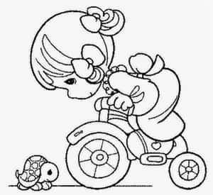 騎三輪車的女孩與烏龜同伴（線條藝術風格） — 可愛卡通 壁紙