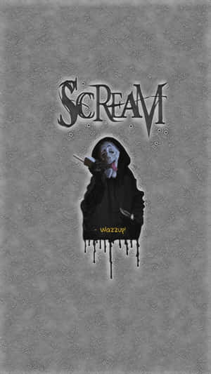 一個戴面具的恐怖人物在灰色紋理背景上的SCREAM字樣下滴血。 — 鬼臉殺手 GIF 壁紙