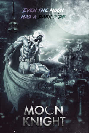 Moon Knight 超級英雄俯瞰夜晚的黑暗城市，天空中有一輪巨大的月亮。 — Huawei MatePad 12 X (2025) 壁紙