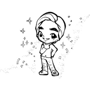 戴頭巾的Q版角色被星星和閃光包圍。 — 多色 壁紙