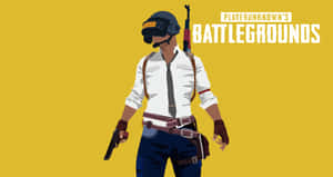 戴頭盔和領帶的PUBG角色在黃色背景上握著手槍 — 遊戲玩家標誌 壁紙