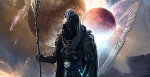 一個戴頭盔的裝甲戰士在漂浮的行星和宇宙碎片中手持法杖。 — 魔法動圖 壁紙
