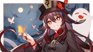 紅眼、戴高帽的動漫女孩手持發光蝴蝶，月亮下旁邊有一個幽靈。 — 蝴蝶 壁紙