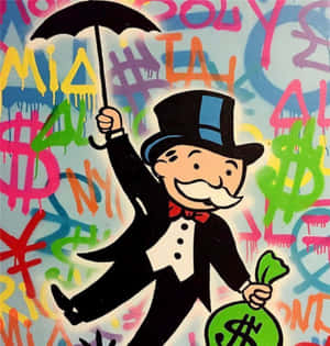 卡通壟斷者在塗鴉貨幣符號中拿著雨傘和錢袋。 — 地產大亨 壁紙