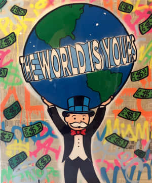 卡通壟斷者在美元鈔票和塗鴉中舉起寫有「The World Is Yours」字樣的地球儀。 — Pixel Fold 壁紙