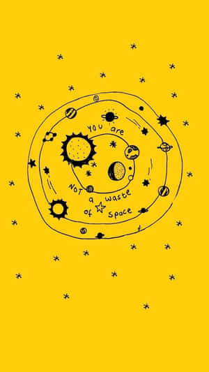 手繪太陽系，行星和星星在黃色背景上，帶有勵志文字。 — 黃色美學 GIF 壁紙