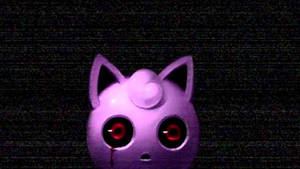扭曲的紫色Jigglypuff，帶有發光的紅眼睛和一滴眼淚，在一個有故障的黑暗場景中。 — 寶可夢 高畫質 壁紙
