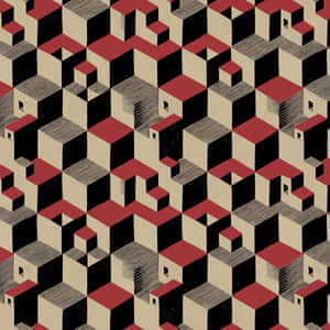 重複的3D立方體圖案，顏色為紅色、黑色和米色，帶有條紋陰影。 — 插畫 壁紙