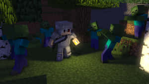 Minecraft玩家手持火炬在黑暗森林中面對逼近的殭屍。 — 我的世界 壁紙