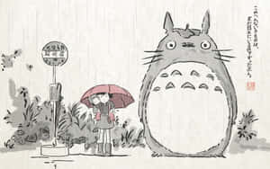 小孩在雨中公車站旁拿著紅色雨傘站在巨型龍貓旁邊。 — 日式自然壁紙
