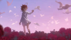 紅花田中的女孩伸手觸碰紫色天空中的白鳥。 — 約定的夢幻島 壁紙