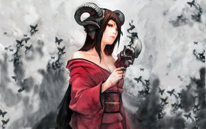 一個擁有公羊角的惡魔女子，在暴風雲中手持一個頭骨，被黑鳥包圍。 — 惡魔角 壁紙