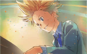 動漫男孩擁有刺蝟頭和藍眼睛，在抽象背景中溫暖微笑。 — 四月是你的謊言 壁紙