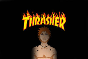 一個擁有尖牙和尖刺頭髮的動漫角色，位於燃燒的THRASHER標誌下方。 — Thrasher 壁紙