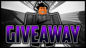 Roblox 角色穿著連帽衫，以城市為背景，帶有紫色 giveaway 文字。 — 酷炫 Roblox 壁紙