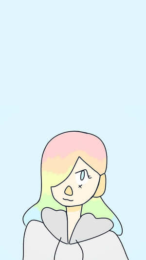 擁有彩虹色頭髮和心形項圈的動漫女孩，淺藍色背景。 — 乾淨 壁紙