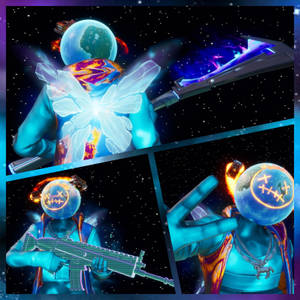一個發光的外星戰士，擁有微笑行星頭，在太空中手持未來武器。 — 崔維斯·史考特 要塞英雄 壁紙