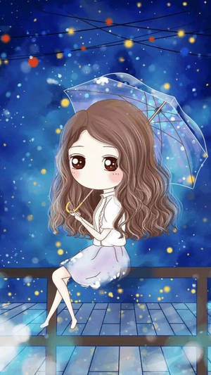 動漫女孩拿著雨傘坐在星空下、帶有發光燈光的甲板上。 — 黑川伊佐那 壁紙