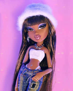 Bratz 公仔穿著牛仔褲和絨毛帽，背景為發光的粉紅色。 — 簡約暗黑美學 壁紙