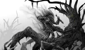 骷髏戰士在黑暗奇幻場景中與一個怪物樹狀生物戰鬥。 — 龜背芋 壁紙