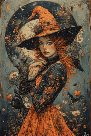 一個紅髮橙色帽子的女巫站在月光下的田野裡，有南瓜和蝙蝠。 — iPhone 4 壁紙