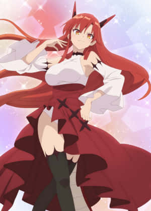 動漫女孩，紅髮有角，身穿紅白服裝，動態擺姿勢。 — 野獸先生 壁紙