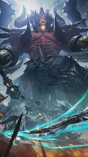 一個擁有發光眼睛和尖刺盔甲的巨型惡魔軍閥，主宰著熾熱的戰場。 — iPhone 11 Pro 壁紙