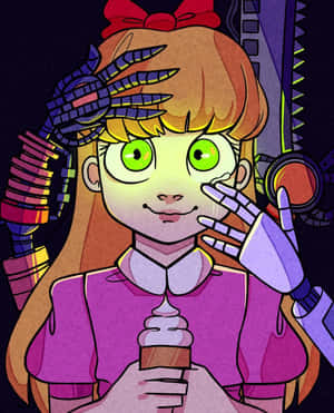 機械手女孩拿著冰淇淋甜筒的賽博龐克風格 — 電玩遊戲 GIF 壁紙