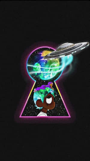 卡通角色透過發光的鑰匙孔看著地球上的UFO。 — 小烏茲·弗特 壁紙