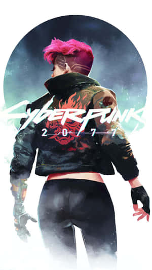 Cyberpunk 2077 角色，擁有粉紅色頭髮和機械手臂，背對鏡頭。 — 電玩遊戲 GIF 壁紙