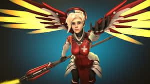 擁有機械翅膀和發光武器的女性遊戲角色。 — 慈悲 壁紙