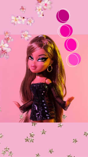 Bratz 娃娃穿著閃亮服裝，在粉紅色背景上被櫻花和星星環繞。 — 娃娃 壁紙