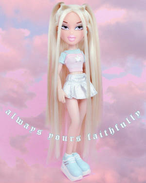 Bratz 娃娃穿著柔和色調服裝，背景為粉紅雲彩天空，附文字 always yours faithfully — 娃娃 壁紙