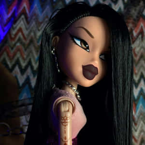 黑髮和紋身的 Bratz 公仔在鋸齒紋背景前擺姿勢。 — Bratz 美學 GIF 壁紙