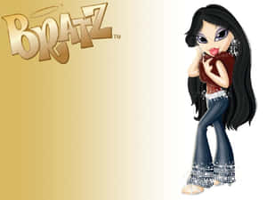 Bratz 公仔穿著閃亮服裝，在金色背景上與品牌標誌一起擺姿勢。 — 娃娃 壁紙