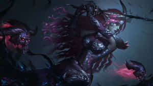 身穿盔甲的惡魔戰士與擁有發光紅眼的陰影生物戰鬥。 — 簡約 壁紙