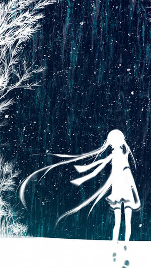 一個白色動漫女孩站在雪地中，背景是星空和光禿禿的樹木。 — 白雪公主 壁紙