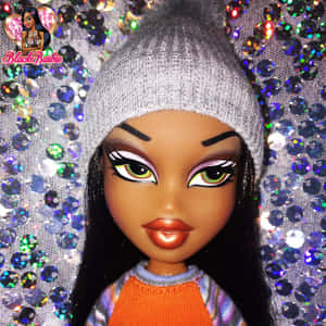Bratz 娃娃戴灰色毛帽和橙色毛衣，背景閃爍 — 娃娃 壁紙